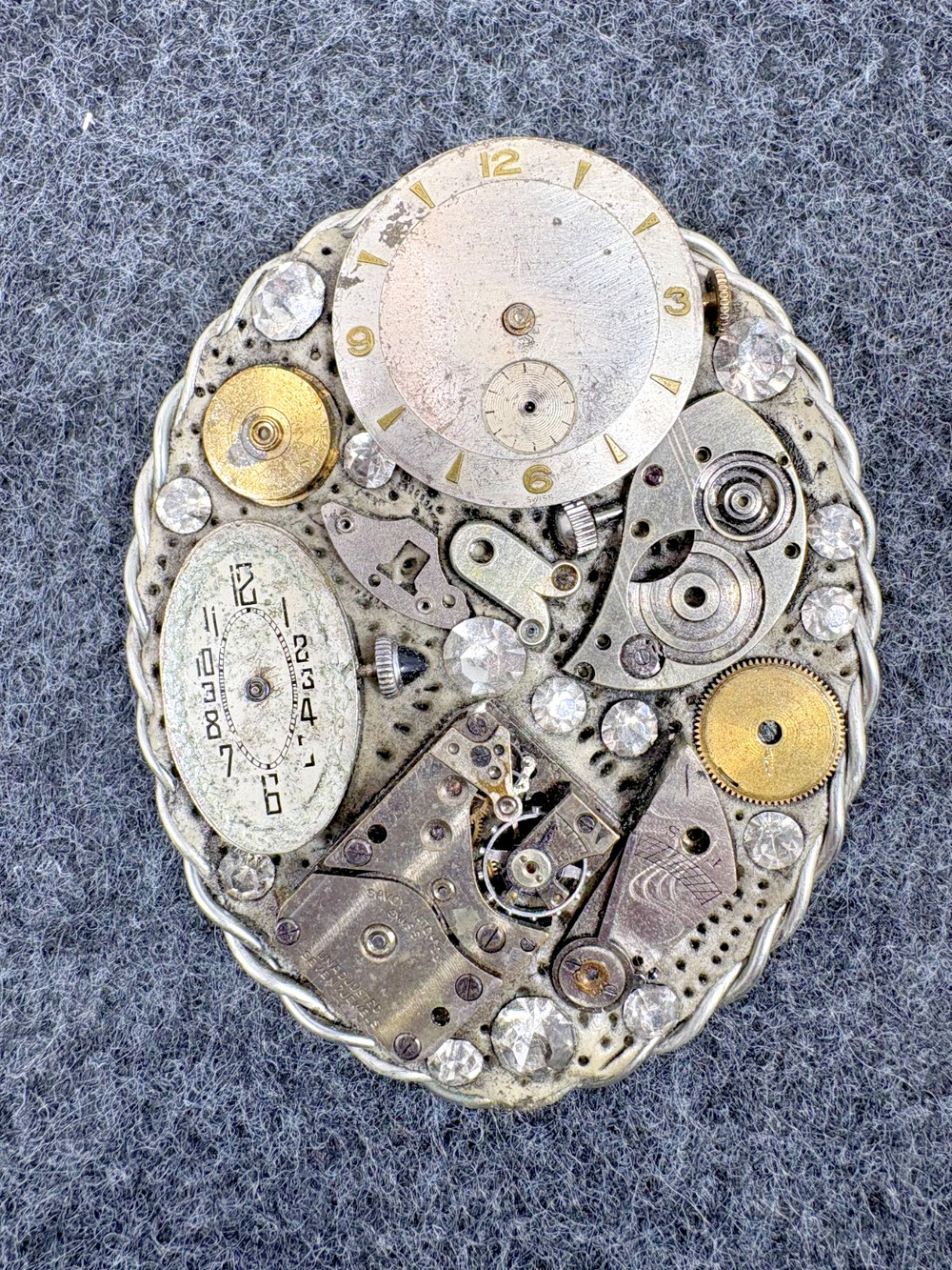 VTG Lesli Mones Steampunk Brooch Pin Watch Parts Signed Artisan OOAK